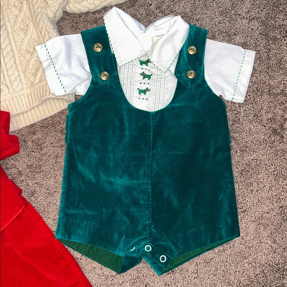 Vintage baby boy Togs Green & Red Velvet romper bundle &100% merino wool sweater